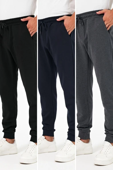 Kalın Siyah-Lacivert-Antrasit Erkek 3'lü Eşofman Altı Jogger Arka Cepli Paça Lastikli Regular Fit Şardonsuz