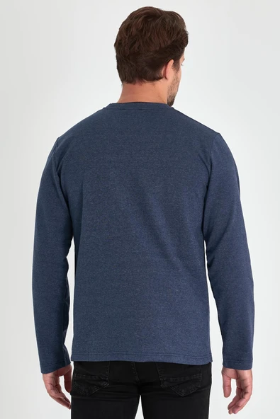 Erkek İndigo Çift Bisiklet Yaka Baskı Detaylı Standart Rahat Kesim Sweatshirt - 6