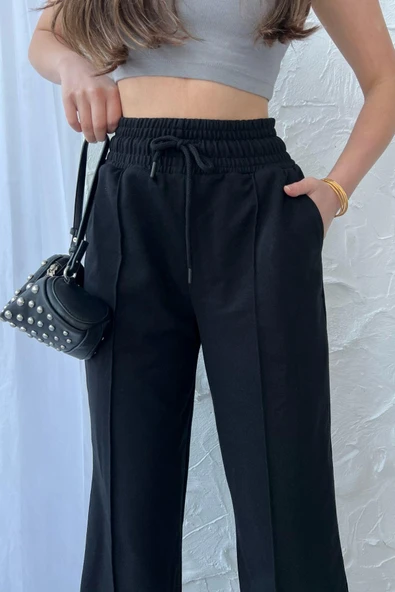 Siyah-Lacivert-Antrasit Kadın Mevsimlik Salaş Geniş Paça Yüksek Bel 3'lü Eşofman Altı - Resim 6