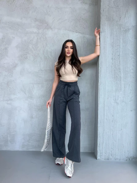 Siyah-Lacivert-Antrasit Kadın Mevsimlik Salaş Geniş Paça Yüksek Bel 3'lü Eşofman Altı - Resim 4