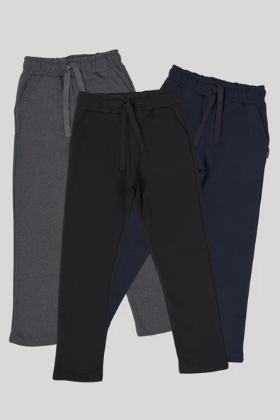 Siyah-Lacivert-Antrasit Kalın Pamuklu Beli Lastikli Yan Cepli 3'lü Erkek Çocuk Eşofman Altı ürün görseli