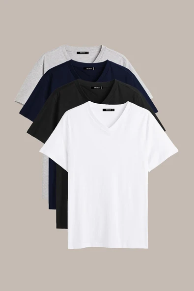 Erkek Çok Renkli T- Shirt Regular Fit Rahat Kesim V Yaka 4'lü Basic Tişört Paketi ürün görseli
