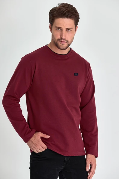 Erkek Bordo Çift Bisiklet Yaka Baskı Detaylı Standart Rahat Kesim Sweatshirt - 3