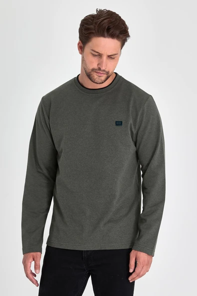 Erkek Haki Çift Bisiklet Yaka Baskı Detaylı Standart Rahat Kesim Sweatshirt - 4