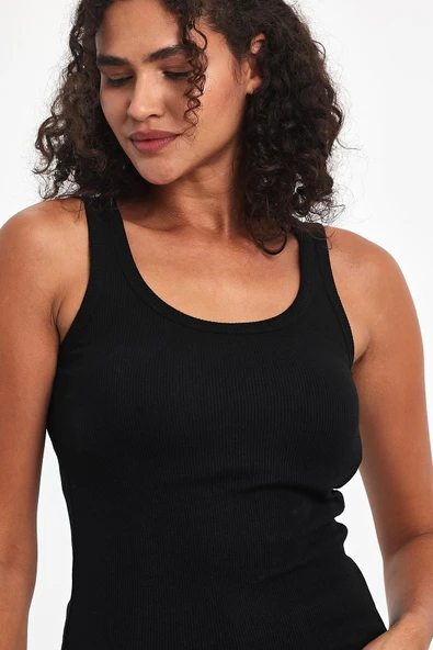 Kadın Siyah-Beyaz-Gri Fitilli Görünümlü Askılı Kalın 3'lü Basic Atlet - Resim 2