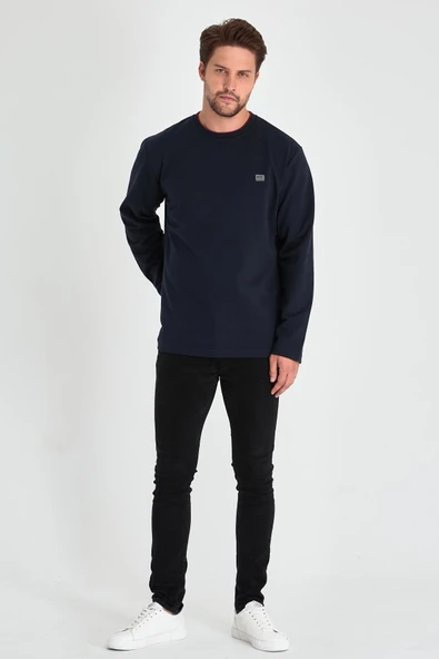 Erkek Lacivert Çift Bisiklet Yaka Baskı Detaylı Standart Rahat Kesim Sweatshirt - Resim 6