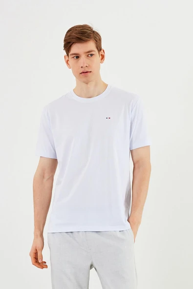 Erkek Bisiklet Yaka T-shirt %100 Pamuk Nakış Detaylı Basic Beyaz Tişört - Resim 2