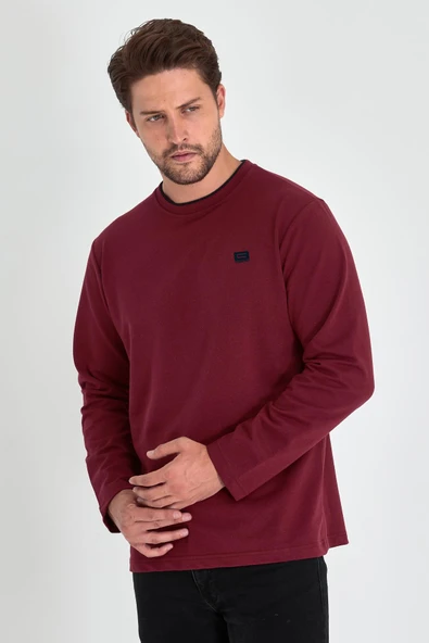 Erkek Bordo Çift Bisiklet Yaka Baskı Detaylı Standart Rahat Kesim Sweatshirt ürün görseli