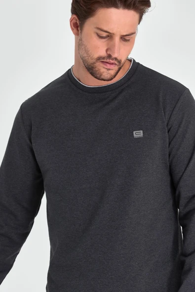 Erkek Antrasit Çift Bisiklet Yaka Baskı Detaylı Standart Rahat Kesim Sweatshirt - Resim 2