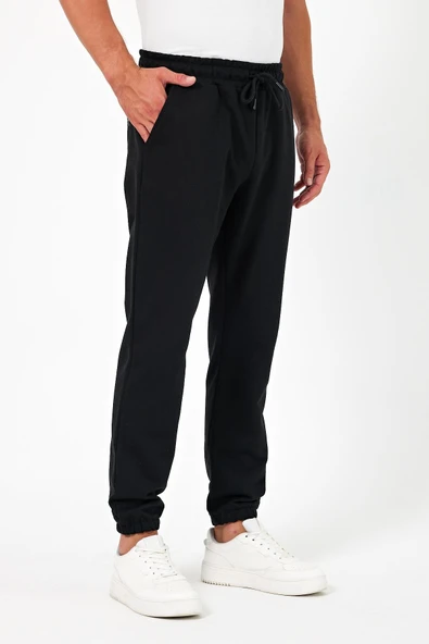 Kalın Siyah Erkek Eşofman Altı Jogger Arka Cepli Lastik Paça Regular Fit Şardonsuz - Resim 3