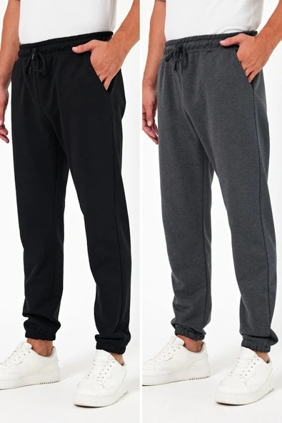 Kalın Siyah-Antrasit Erkek 2'li Eşofman Altı Jogger Arka Cepli Lastik Paça Regular Fit Şardonsuz ürün görseli