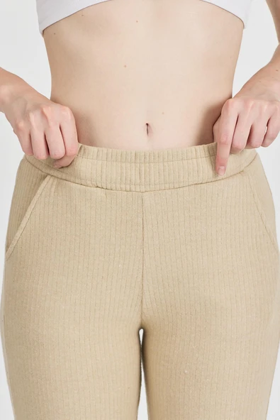 Bej Fitilli Geniş Paça Kaşkorse Yüksek Bel Cepli Kadın Eşofman Altı - Resim 5