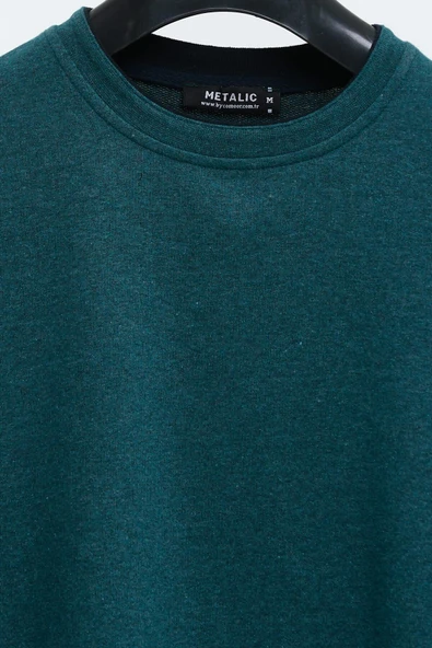 Erkek Petrol Çift Bisiklet Yaka Baskı Detaylı Standart Rahat Kesim Sweatshirt - Resim 4