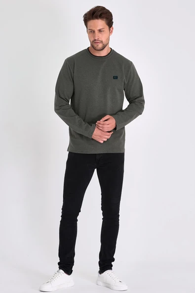 Erkek Haki Çift Bisiklet Yaka Baskı Detaylı Standart Rahat Kesim Sweatshirt - 5
