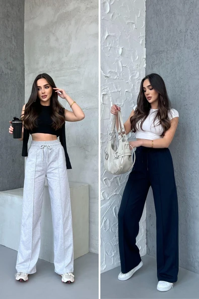 Siyah-Antrasit Kadın Mevsimlik Salaş Geniş Paça Yüksek Bel 2'li Eşofman Altı - Resim 8