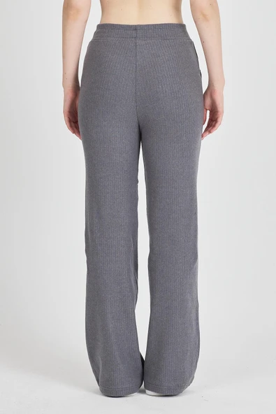 Füme Fitilli Geniş Paça Kaşkorse Yüksek Bel Cepli Kadın Eşofman Altı - Resim 7