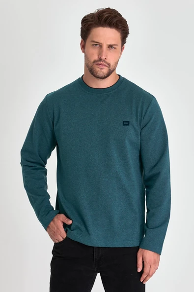 Erkek Petrol Çift Bisiklet Yaka Baskı Detaylı Standart Rahat Kesim Sweatshirt - 5
