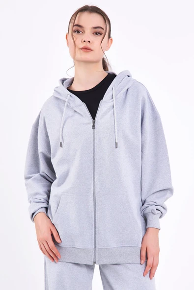 Gri Kanguru Cepli Kapüşonlu Fermuarlı Oversize Kadın Sweatshirt - 2