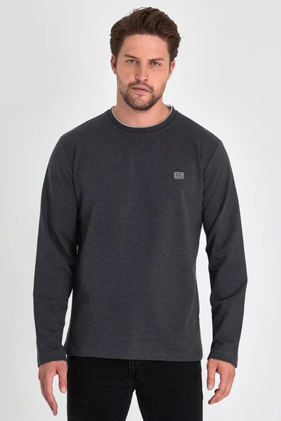 Erkek Antrasit Çift Bisiklet Yaka Baskı Detaylı Standart Rahat Kesim Sweatshirt