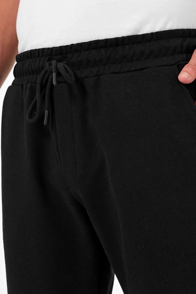 Kalın Siyah Erkek Eşofman Altı Jogger Arka Cepli Lastik Paça Regular Fit Şardonsuz - 4