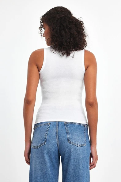 Kadın Siyah-Beyaz-Gri Fitilli Görünümlü Askılı Kalın 3'lü Basic Atlet - Resim 5