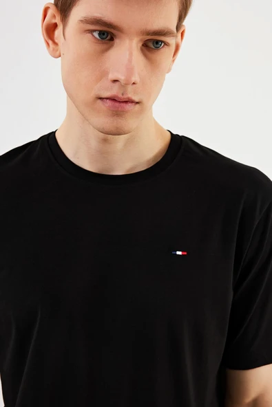 Erkek Bisiklet Yaka T-shirt %100 Pamuk Nakış Detaylı Basic Siyah Tişört MTLCE89 - 6