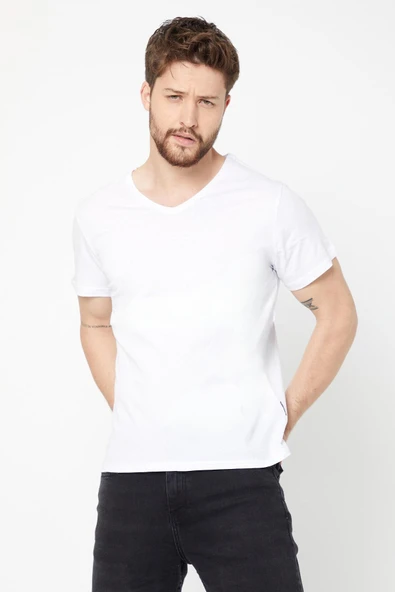 Erkek Çok Renkli T- Shirt Regular Fit Rahat Kesim V Yaka 4'lü Basic Tişört Paketi - 5