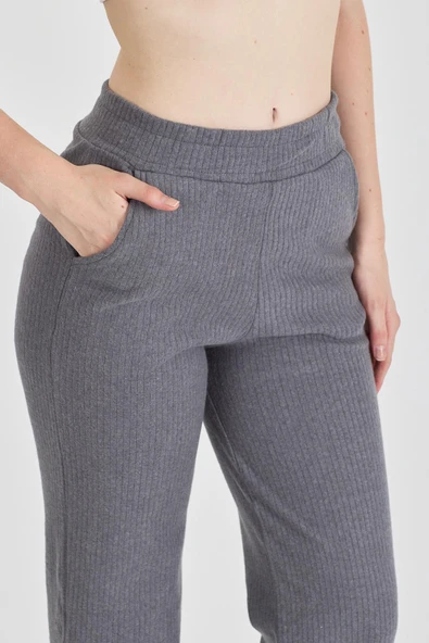 Füme Fitilli Geniş Paça Kaşkorse Yüksek Bel Cepli Kadın Eşofman Altı - Resim 6