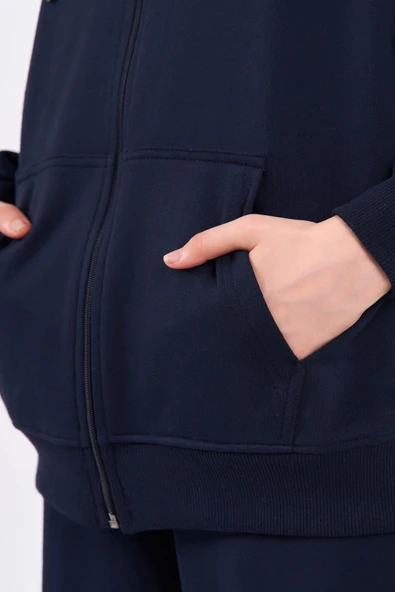 Lacivert Kanguru Cepli Kapüşonlu Fermuarlı Oversize Kadın Sweatshirt - Resim 5