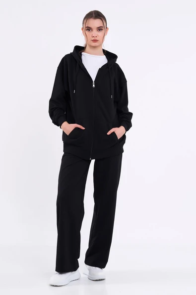 Siyah Kanguru Cepli Kapüşonlu Fermuarlı Oversize Kadın Sweatshirt MTLCB73 - 4