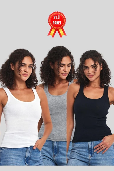 Kadın Siyah-Beyaz-Gri Fitilli Görünümlü Askılı Kalın 3'lü Basic Atlet ürün görseli