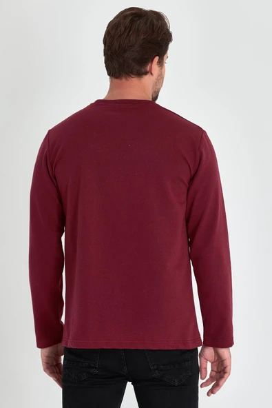 Erkek Bordo Çift Bisiklet Yaka Baskı Detaylı Standart Rahat Kesim Sweatshirt - 6