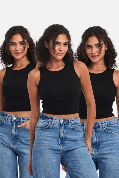 Fitilli Siyah Crop Halter Yaka Sıfır Kol Pamuklu 3'lü Kadın Atlet