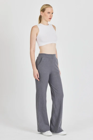 Füme Fitilli Geniş Paça Kaşkorse Yüksek Bel Cepli Kadın Eşofman Altı ürün görseli