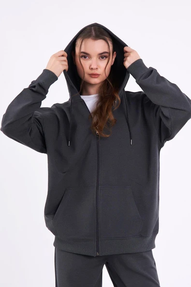 Antrasit Kanguru Cepli Kapüşonlu Fermuarlı Oversize Kadın Sweatshirt MTLCB73 - 4