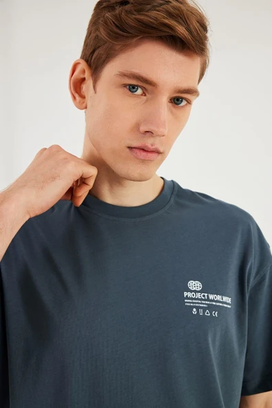 Leo Erkek Oversize Tshirt %100 Pamuk Bisiklet Yaka Baskı Detaylı Basic Tişört - 4