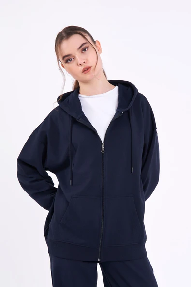 Lacivert Kanguru Cepli Kapüşonlu Fermuarlı Oversize Kadın Sweatshirt - Resim 3