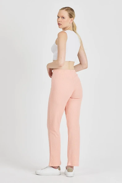 Yavruağzı Fitilli Geniş Paça Pamuklu İnce Yüksek Bel Kadın Eşofman Altı - Resim 7