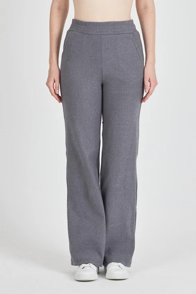 Füme Fitilli Geniş Paça Kaşkorse Yüksek Bel Cepli Kadın Eşofman Altı - Resim 5