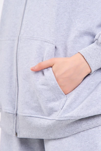 Gri Kanguru Cepli Kapüşonlu Fermuarlı Oversize Kadın Sweatshirt - Resim 6