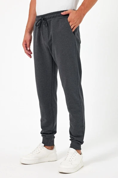 Kalın Antrasit Erkek Eşofman Altı Jogger Arka Cepli Paça Lastikli Regular Fit Şardonsuz - Resim 2