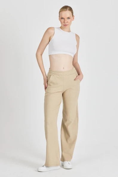 Bej Fitilli Geniş Paça Kaşkorse Yüksek Bel Cepli Kadın Eşofman Altı - Resim 2