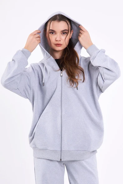Gri Kanguru Cepli Kapüşonlu Fermuarlı Oversize Kadın Sweatshirt - 4
