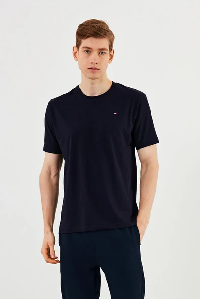 Erkek Bisiklet Yaka T-shirt %100 Pamuk Nakış Detaylı Basic Lacivert Tişört MTLCE89 - 2