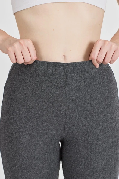 Füme Fitilli Geniş Paça Pamuklu İnce Yüksek Bel Kadın Eşofman Altı - Resim 6