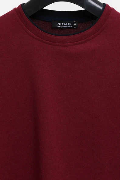 Erkek Bordo Çift Bisiklet Yaka Baskı Detaylı Standart Rahat Kesim Sweatshirt - 4