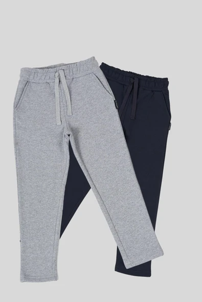 Siyah-Antrasit Kalın Pamuklu Beli Lastikli Yan Cepli 2'li Erkek Çocuk Eşofman Altı - Resim 8