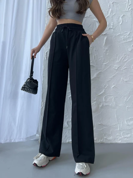 Siyah-Lacivert-Antrasit Kadın Mevsimlik Salaş Geniş Paça Yüksek Bel 3'lü Eşofman Altı - Resim 5