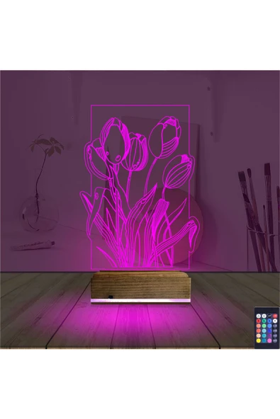 Kirppi 3d Lamba Lale Çiçek Masa Gece Lambası - 4
