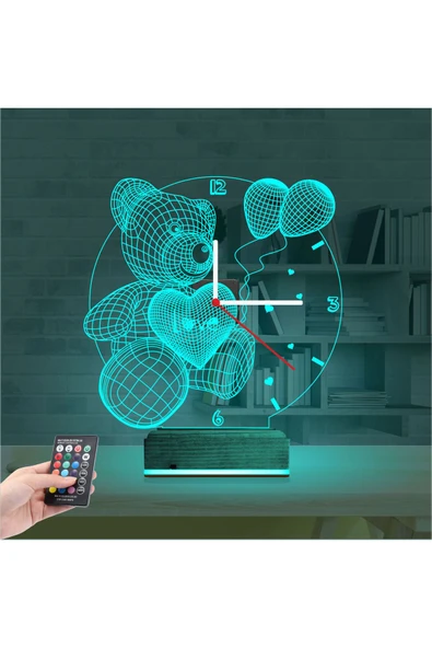 Kirppi 3d Saat Lamba Ayıcık Balon Çocuk Odası Masa Gece Lambası - 10